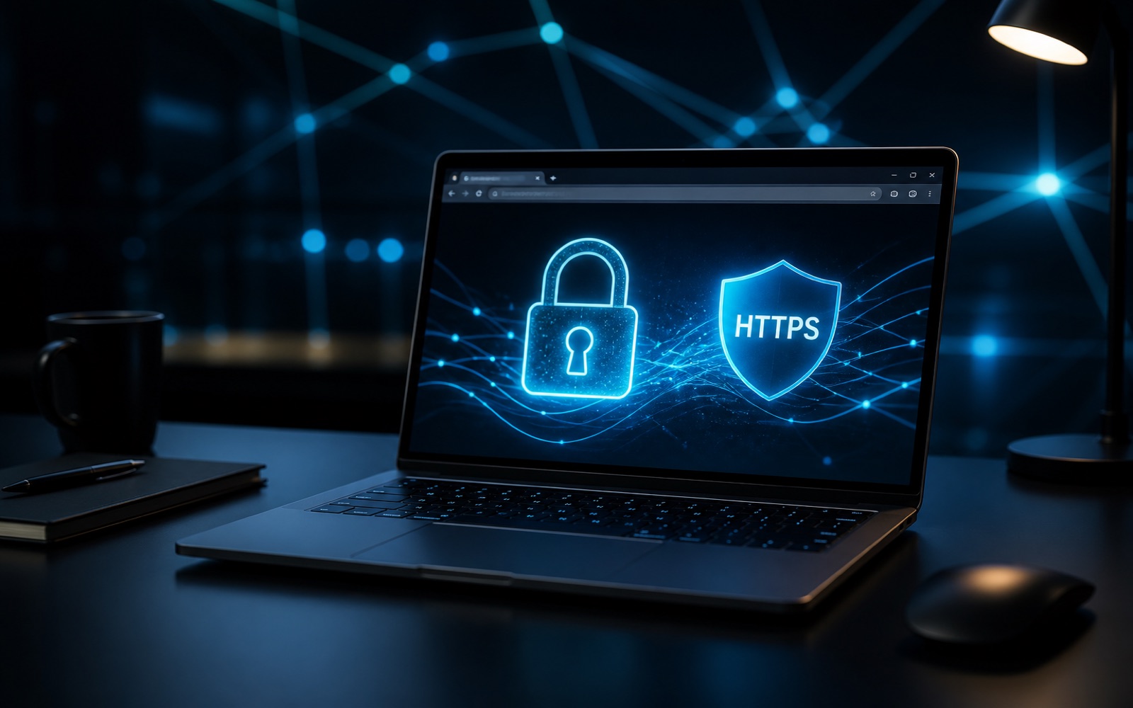Laptop showing a secure HTTPS website with a padlock