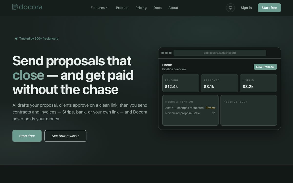 Docora proposals and invoicing app homepage