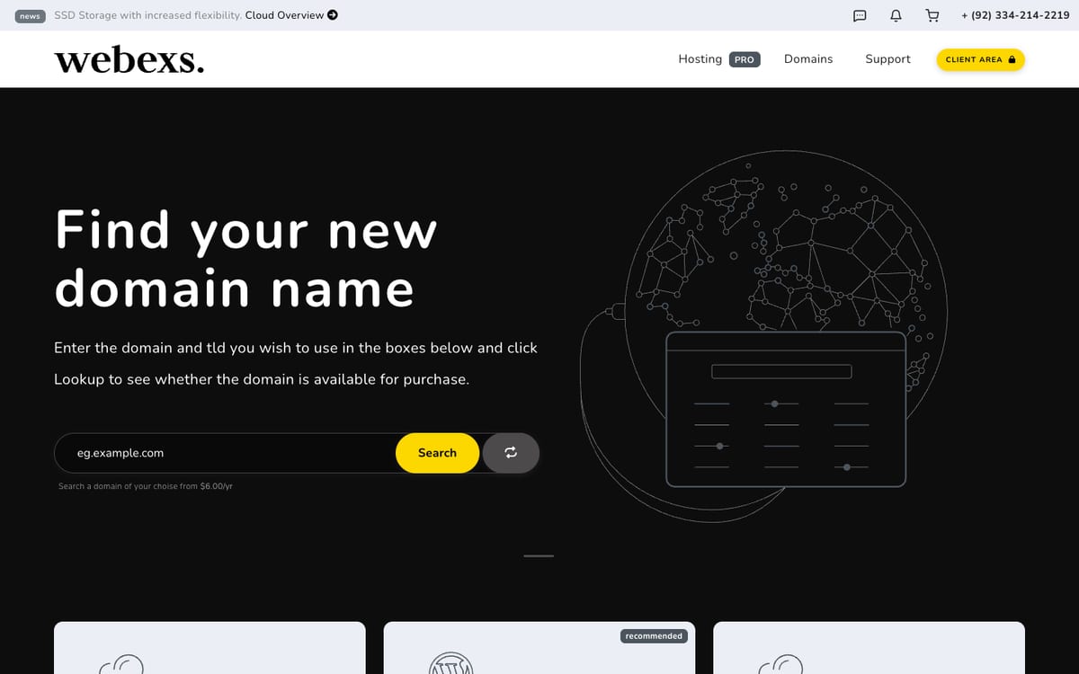 Webexs hosting and domains website homepage
